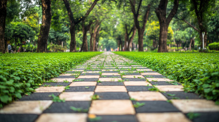 A peaceful tiled pathway meanders through a lush urban park, bordered by vibrant greenery, creating a serene escape for pedestrians in the heart of the city.の素材