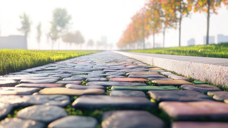 A vibrant cobblestone road lined with lush greenery and colorful trees, creating a serene and picturesque outdoor landscape under bright sunlight.の素材