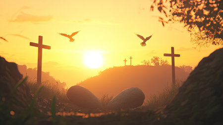 A serene depiction of an empty tomb at sunrise, surrounded by crosses and flying birds. This evocative scene symbolizes hope and reflection in nature.の素材