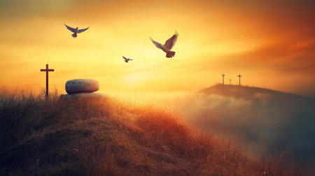 A poignant image of an empty tomb at sunset, surrounded by gentle hills, crosses, and flying birds, evoking feelings of tranquility and reflection.の素材