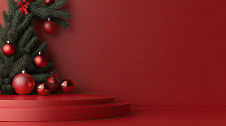 A stunning red-themed podium adorned with a decorative Christmas tree and elegant ornaments, perfect for holiday displays and festive celebrations.の素材