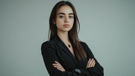 A professional young woman stands confidently with her arms crossed, dressed in sleek corporate attire. The neutral background highlights her modern look and determination.の素材