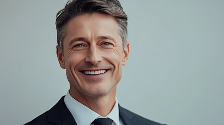 A portrait of a middle-aged man in a suit, exuding confidence and professionalism. His warm smile and approachable demeanor create an inviting atmosphere.の素材