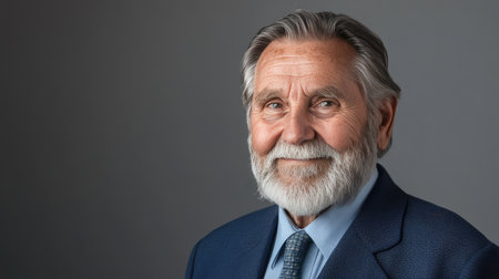A side view portrait of an elderly man with a warm smile, showcasing his gray hair and beard. Captured in natural light, this image exudes charm and wisdom, perfect for conveying happiness and positivity.の素材