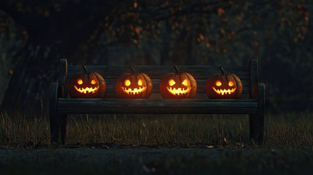 A spooky Halloween scene depicting glowing pumpkins on a bench, creating an eerie atmosphere perfect for autumn celebrations and seasonal decorations.の素材