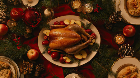 A beautifully presented roast turkey surrounded by seasonal decor, apples, and festive garnishes. Perfect for holiday feasts and gatherings.の素材