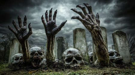 Sinister zombie hands emerge from the graveyard, surrounded by skulls and a haunting sky. This eerie scene captures the essence of horror and the macabre.の素材