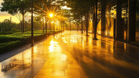 A serene walkway illuminated by the warm glow of the sunrise at dawn, surrounded by lush trees and a reflective surface, creating a peaceful morning scene.の素材