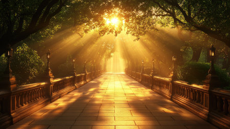 A tranquil walkway surrounded by trees, illuminated by golden sunlight. The peaceful path invites exploration in a serene natural setting.の素材