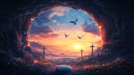 A serene scene of a symbolic tomb illuminated by a beautiful sunset, featuring a rolled stone and crosses. Birds soar in the colorful sky, inviting reflection.の素材