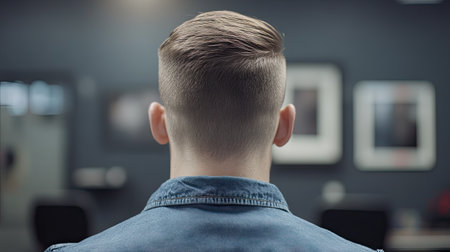 This image features a young man with a stylish haircut viewed from the back in a modern barbershop setting, perfect for grooming or fashion themes.の素材