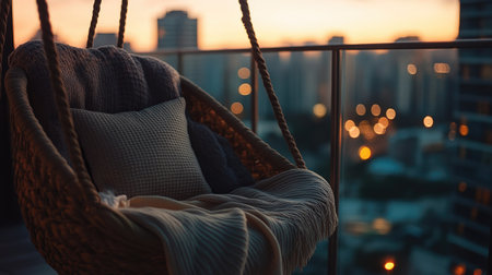 A close-up of a balcony swing chair, with soft cushions and a blanket draped over it, set against a backdrop of a cityscape at dusk.の素材
