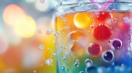 A close-up of a bubble tea with popping boba, highlighting the burst of bright, colorful boba floating in the drink.の素材