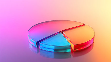 3D pie chart with translucent glass segments, glowing edges, and soft shadows on a reflective surfaceの素材