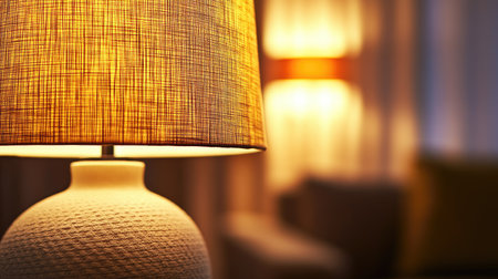 A close-up of a decorative lamp with a soft, diffused light, highlighting the textured shade and the gentle glow that spreads across the room.の素材