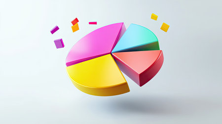 3D pie chart with vibrant segments floating in mid-air, set against a white minimalist background -の素材