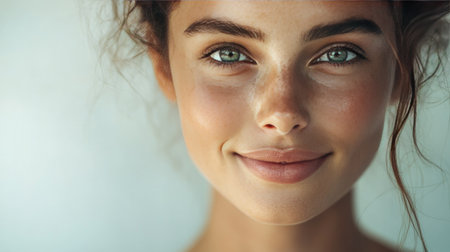 A close-up of a beautiful woman with radiant skin and minimal makeup, smiling softly, with natural light highlighting her features.の素材