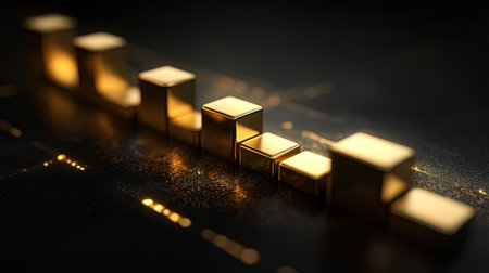 3D bar graph with gold bars, representing financial success, dark luxury background -の素材