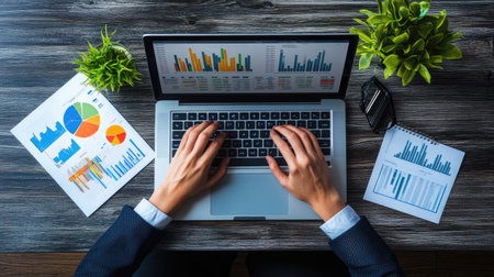 A businessperson analyzing a financial graph on a laptop, surrounded by charts and spreadsheets on a sleek office desk.の素材