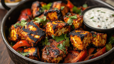A close-up of a bowl of aromatic paneer tikka, featuring grilled chunks of paneer with spices and vegetables, served with a side of yogurt dip. -の素材