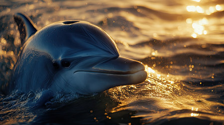 A close-up of a dolphin's face as it surfaces, its curious eyes and smooth skin glistening in the sunlight.の素材
