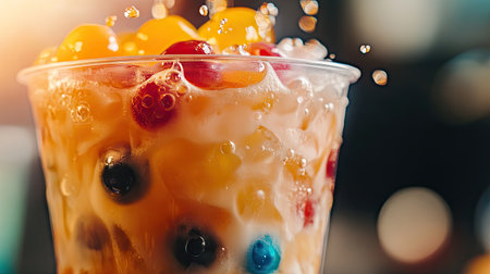 A close-up of a bubble tea with popping boba, highlighting the burst of bright, colorful boba floating in the drink.の素材