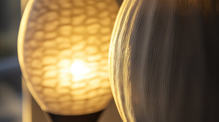 A close-up of a decorative lamp with a soft, diffused light, highlighting the textured shade and the gentle glow that spreads across the room.の素材
