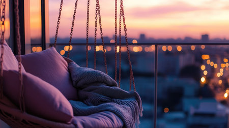 A close-up of a balcony swing chair, with soft cushions and a blanket draped over it, set against a backdrop of a cityscape at dusk.の素材