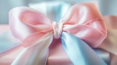 A close-up of a beautifully tied satin bow in soft pastel colors, adorning a gift box with a delicate ribbon.の素材