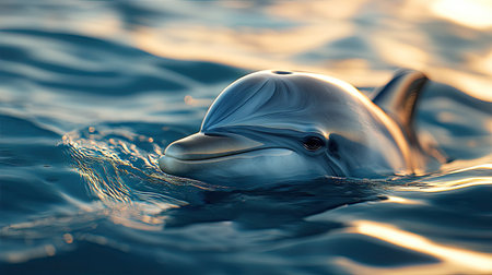 A close-up of a dolphin's face as it surfaces, its curious eyes and smooth skin glistening in the sunlight.の素材
