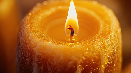 A close-up of a candle flame, highlighting the flickering light and the warm, golden glow illuminating the surrounding wax.の素材