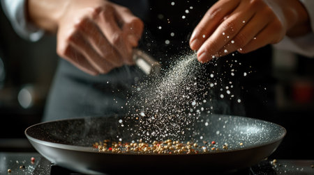 A close-up of a chef hands seasoning a sizzling pan with salt and pepper, highlighting the precise movements and the spices in the air.の素材