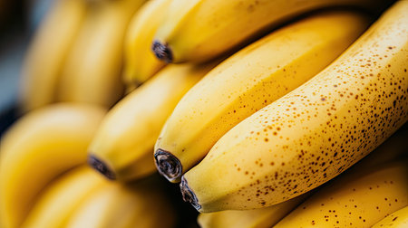 A close-up of a bunch of bananas, highlighting their bright yellow skins and slight speckling on the surface.の素材