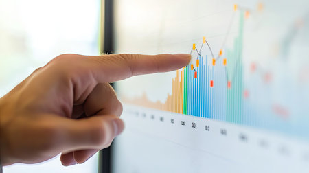 A close-up of a hand pointing at a business graph on a whiteboard, emphasizing the analysis of key performance indicators and growth trends.の素材
