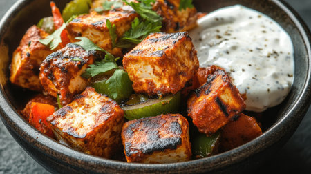 A close-up of a bowl of aromatic paneer tikka, featuring grilled chunks of paneer with spices and vegetables, served with a side of yogurt dip. -の素材