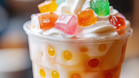A close-up of a fruity bubble tea, highlighting the colorful jelly cubes and pearls with a layer of whipped cream on top.の素材