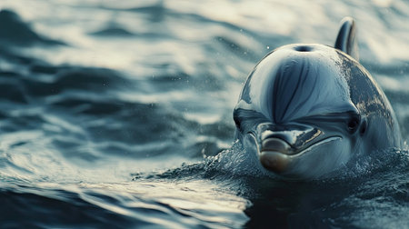 A close-up of a dolphin's eye and mouth, showing its friendly and intelligent expression as it interacts with its environment.の素材