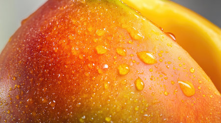 A close-up of a ripe mango with its skin slightly peeled back, revealing the bright orange flesh and juicy texture.の素材