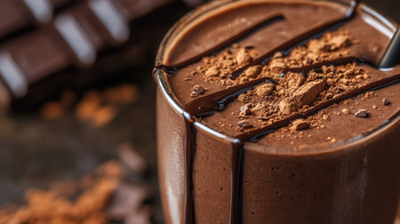 A close-up of a chocolate protein smoothie, highlighting the smooth, rich texture with a drizzle of chocolate sauce and a sprinkle of cocoa powder. -の素材