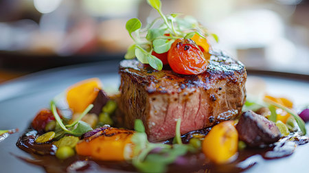 A close-up of a perfectly plated dish with artistic food presentation, featuring vibrant colors and carefully arranged ingredients.の素材