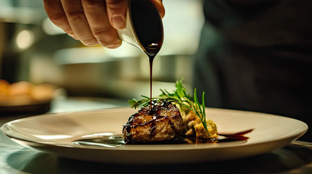 A close-up of a hand drizzling a balsamic glaze over a dish, highlighting the glossy texture of the glaze and its artistic presentation. -の素材