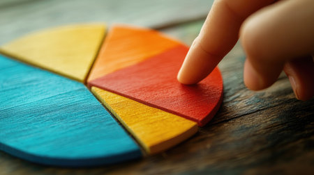 A close-up of a pie chart with a hand pointing at one of the segments, emphasizing the detailed breakdown of market share or financial data.の素材