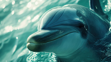 A close-up of a dolphin's eye and mouth, showing its friendly and intelligent expression as it interacts with its environment.の素材