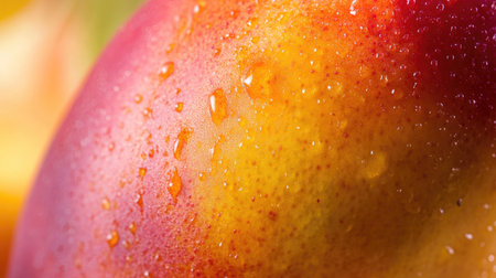A close-up of a ripe mango with its skin slightly peeled back, revealing the bright orange flesh and juicy texture.の素材