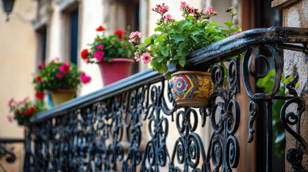 A close-up of a wrought iron balcony railing, with intricate designs and a few blooming plants in colorful pots hanging along the edge.の素材