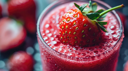A close-up of a vibrant strawberry smoothie in a glass, with droplets of condensation on the surface and a fresh strawberry garnish.の素材