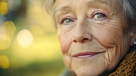 A close-up of an older woman with a peaceful expression, emphasizing the gentle lines of her face and the serene beauty of her age.の素材