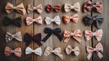 A collection of elegant bows in various sizes and colors, arranged artistically on a wooden table, perfect for crafting.の素材