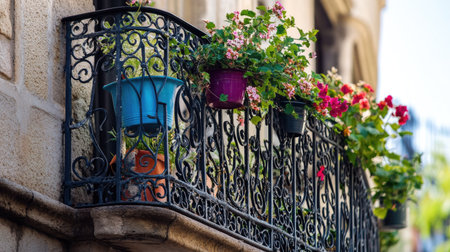 A close-up of a wrought iron balcony railing, with intricate designs and a few blooming plants in colorful pots hanging along the edge.の素材