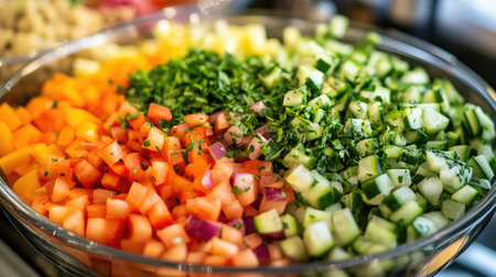A detailed shot of a bowl of fresh ingredients, such as chopped vegetables and herbs, ready to be mixed for a flavorful dish.の素材
